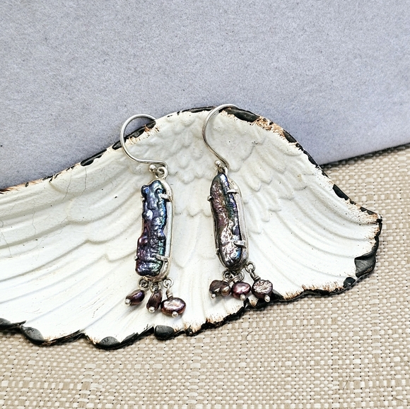 Peacock Stick Natural Pearls Dangle Earrings 925 - Picture 4 of 15